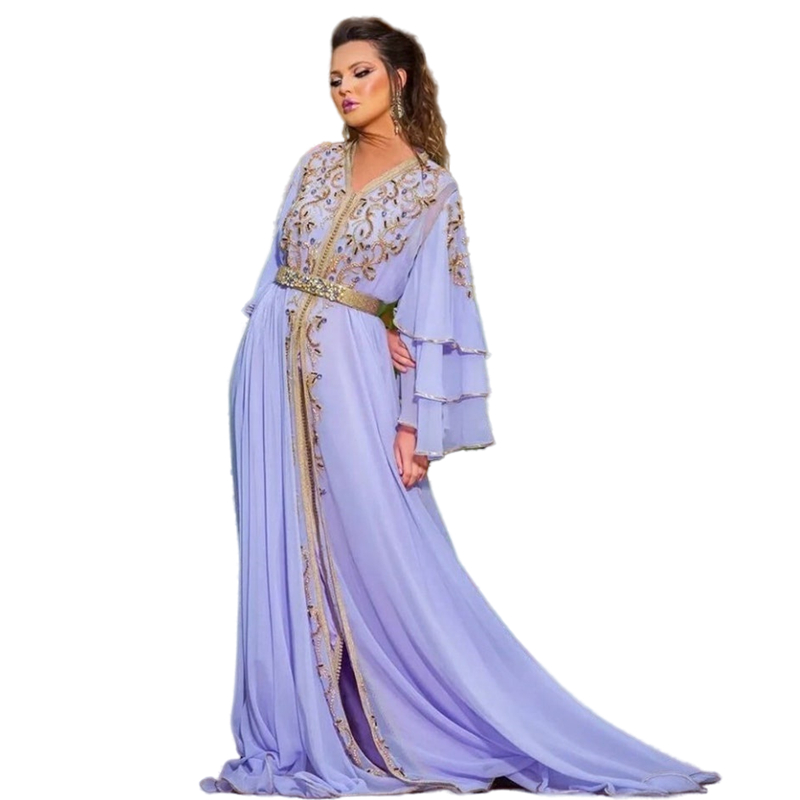 Modern Chiffon Moroccan Kaftan Evening Dresses Luxury Crystals Beaded V-Neck A Line Formal Event Gowns Puffy Sleeve Arabic Duba Special Occasion Dress