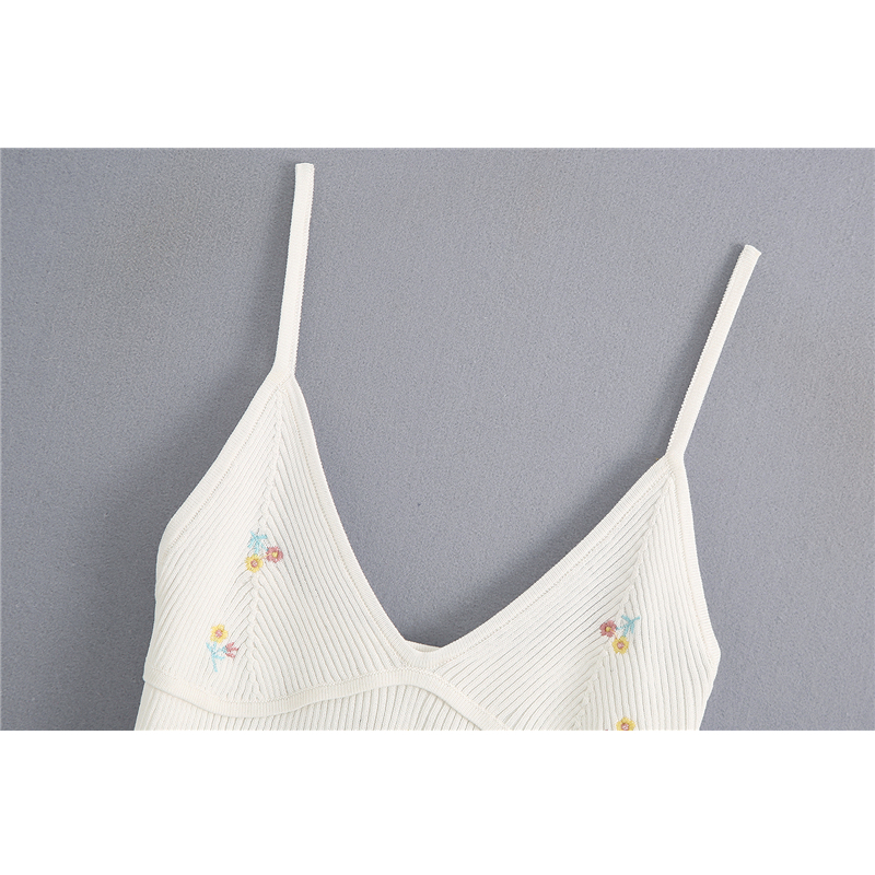 new woman summer sexy white V-neck embroidery knit short crop camisole sleeveless tops bottoming vest 210308