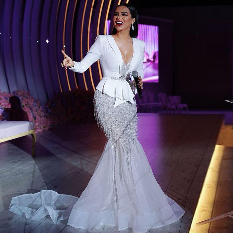 Luxurious White Beading Tassel Arabic Dubai Mermaid Evening Dresses V Neck Long Sleeve Sequined Ruffles Skirt Formal Gowns Prom Party Dress