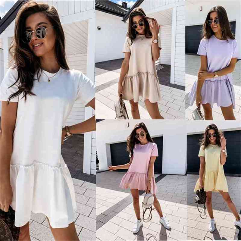 Solid Color Women Dress Summer Fashion Ruffles Mini O Neck Short Sleeve Casual Loose Plus Size Woman Clothes 210603