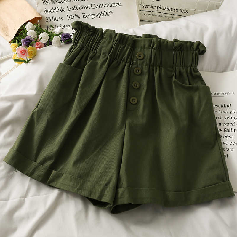 Korean Buttons Stretch High Waist Woman Shorts Causal Summer Wide Leg Short Pantalones Cortos De Mujer 6J260 210603