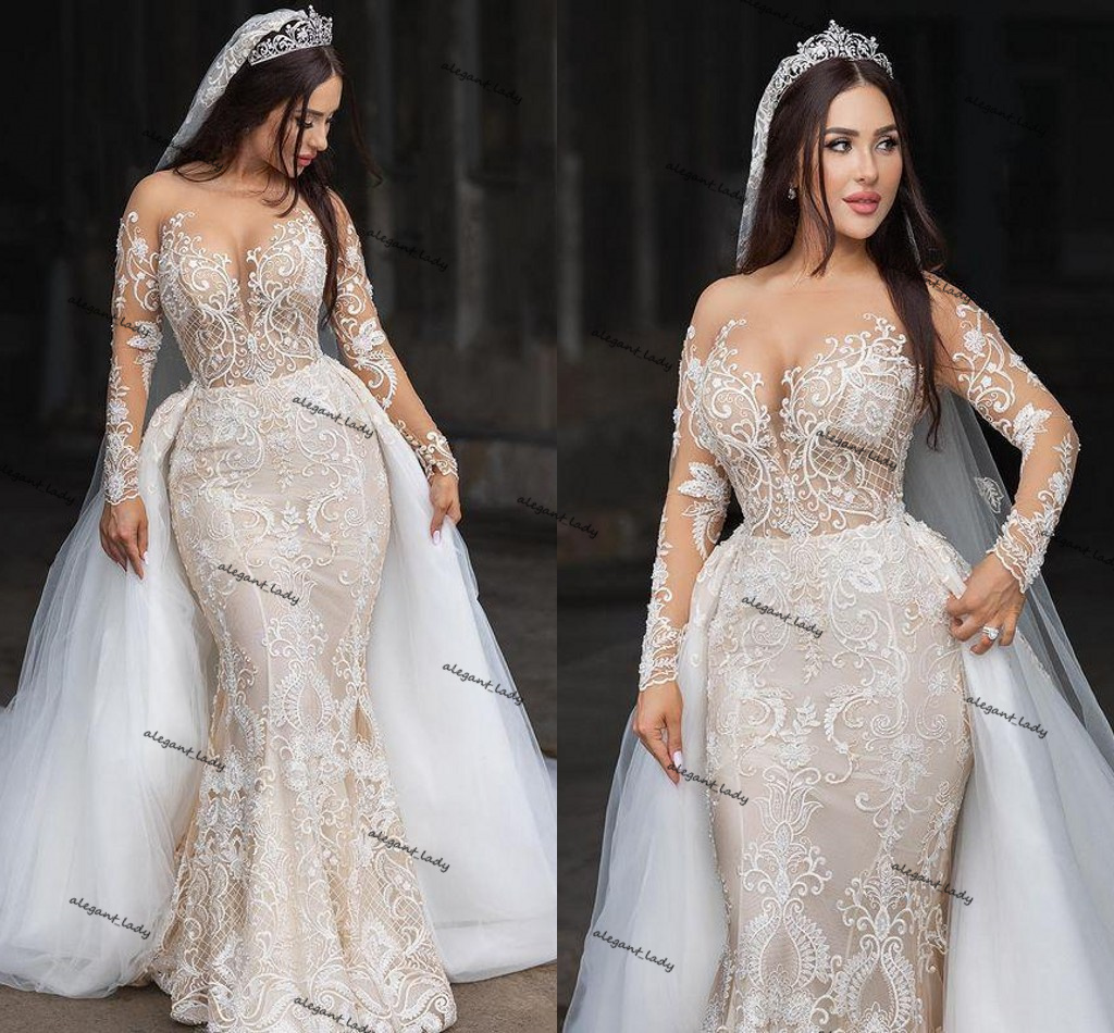 Princess Lace Mermaid Wedding Dresses Two Pieces Illusion Bridal Gowns Arabic Aso Ebi Long Sleeves Detachable Train Marriage