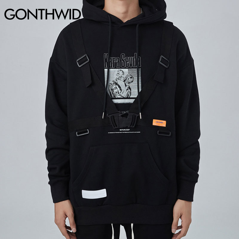GONTHWID Blind Love Print Buckle Ribbons Fleece Hooded Sweatshirts Pullover Hoodies Streetwear Hip Hop Hipster Casual Tops Mens 201103
