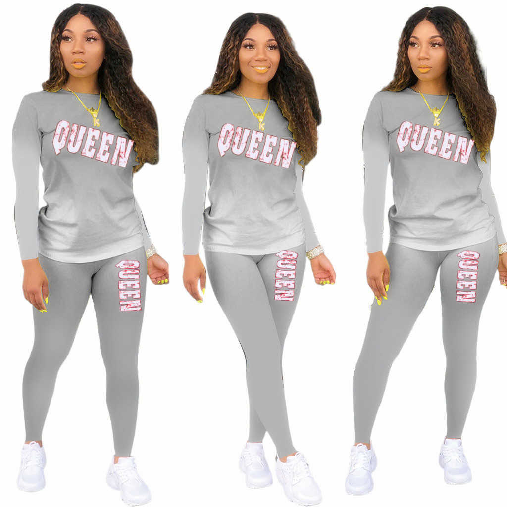 Autumn Winter Plus Size Home Suit Women Letter Print Gradient Color Tracksuits Pullover Long Sleeve Top+Pencil Pants 2 Piece Set 210604