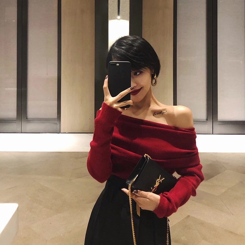 Spring Autumn off Shoulder Women Sweaters Elegant Vintage Knitted Solid Jumper High Stretch Top C-077 210218