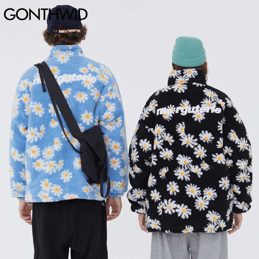 GONTHWID Cotton Padded Thick Parkas Jackets Streetwear Hip Hop Daisy Print Fleece Warm Full Zip Coats Fashion Harajuku Outwear 210818