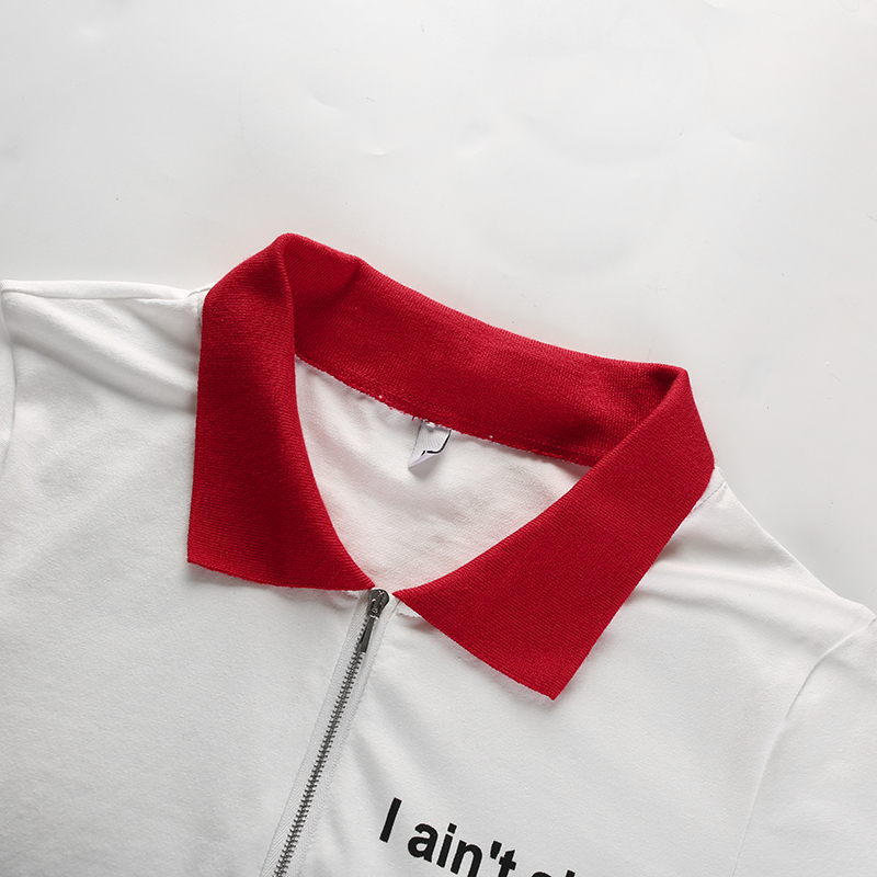 Rockmore Turndown Collar TShirt Women Short Sleeve Crop Top White Letter Print Skinny Tees Shirts Panelled Basic Tshirt Ladies T200614