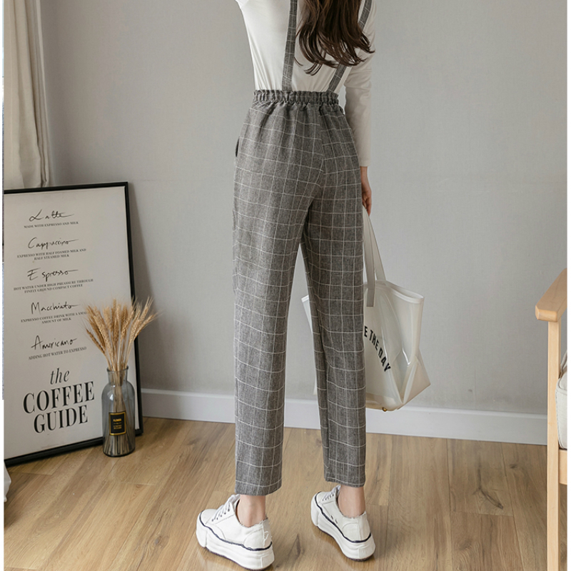Spring Summer Women Overalls Harem Pants Vintage Plaid Casual Loose Pants Fashion Female Straight Pants Trousers 201012