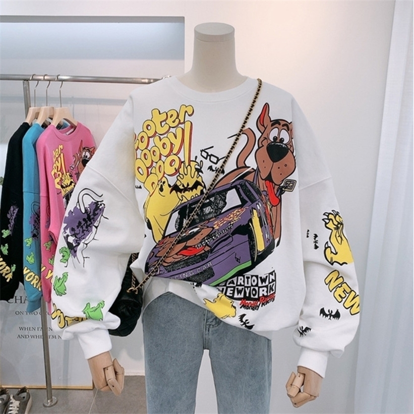 Women Hoodies Autumn Funny Cartoon Car & Dog Print Sweatshirt Oversized Streetwear Sweatshirts Hip Hop Cool Pullover Tops 201212