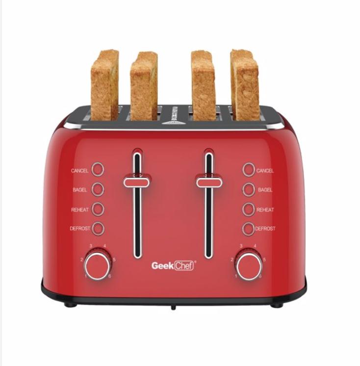 2021 Baking Dishes & Pans Toaster 4 Slice Geek Chef Retro Red Extra Wide Slot Independent temperature control Reheat Defrost Cancel Function 6-Shade S