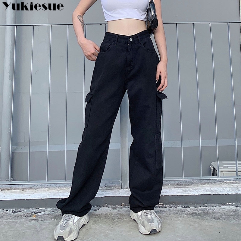 Fashion Loose Jeans Casual Work Pants women Hip Hop woman Cotton Trousers Big Pocket Clothes Blue/black/white 210708