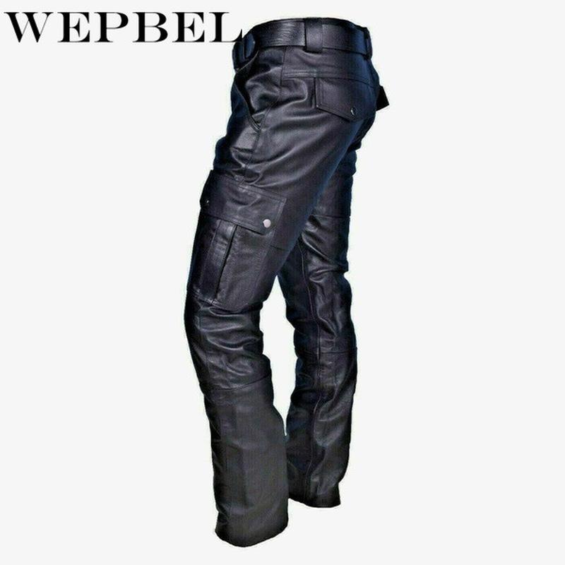 Men's Pants WEPBEL Men Straight PU Leather Biker Motocycle Long Loose Street Style Steampunk Trousers Rock Roll B4