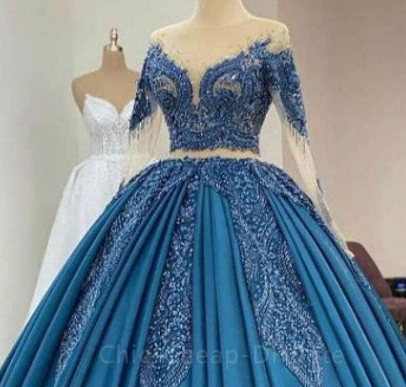 2021 Plus Size Lace Beaded Sexy Quinceanera Dresses Sheer Neck Long Sleeves Satin Ball Gown Pageant Evening Prom Gowns ZJ415