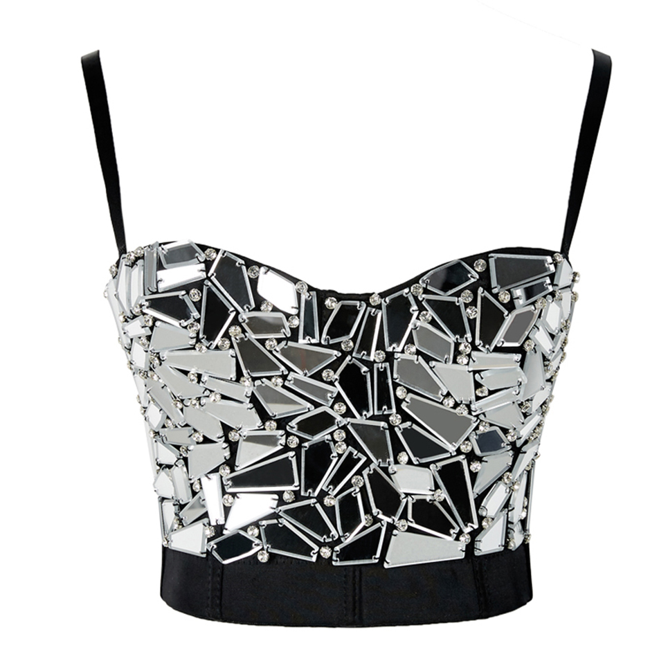 Atoshare Sexy Women Silver Gold Sequin Rhinestone Top Lady Rave Outfit Pearl Glitter Tops Bustier Female Corset Crop Top Strass 210308
