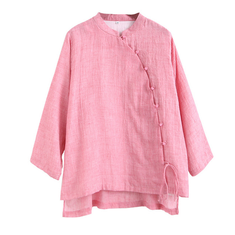 Johnature Chinese Style Women Stand Shirts Button Seven Sleeve Autumn Blouses Solid Color Belt Women Vintage Shirts Top 210308