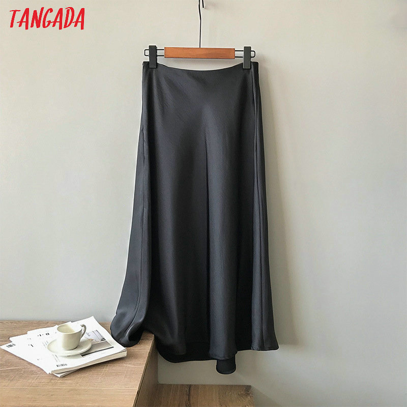 Tangada women solid A-line midi skirt faldas mujer vintage side zipper office ladies kirts high quality ASF42 210309