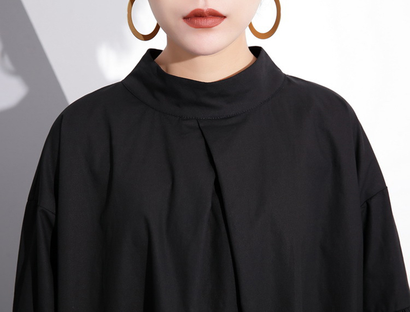 EAM Spring Round Neck Long Sleeve Solid Color Black Metal Ring Big Size Hollow Out Dres Fashion JE29201 210309