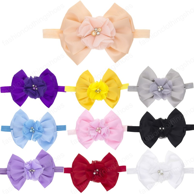 Three Layer Solid Color Bowknot Baby Elastic Headband Shining Beads Chiffon Flowers Toddler Hairband Infant Headwear Photo Props