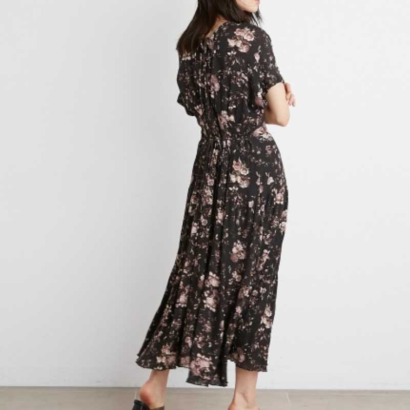 Sweet Japan Style Kawaii Summer Elegant V Neck Print Woman Dress Slim Waist Short Sleeve Office Ladies Loose Dresses 210525