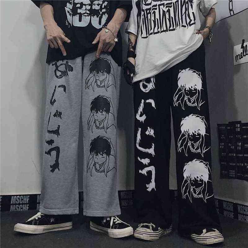 HOUZHOU Japanese Harajuku Anime Print Wide Leg Pants Women Hippie Streetwear Black Sweatpants Korean Style Oversized Trousers 211115