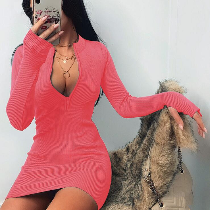 women winter fall bodycon ribbed dress new stand collar zipper deep vneck solid stretch bodycon pencil party mini vestido