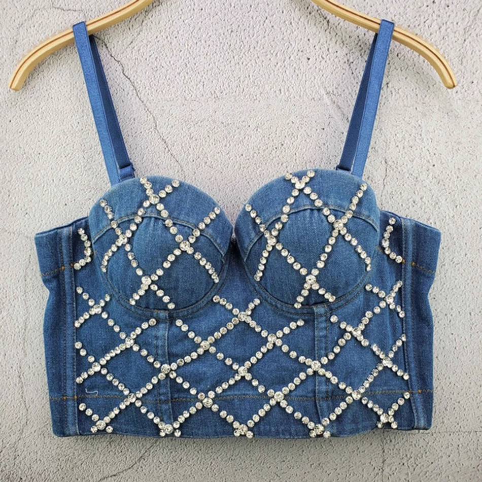 Denim Scratched Women's Spaghetti Strap Diamonds Ripped Push Up Bustier Night Club Party Crop Top New Corset Camise Vest 210308