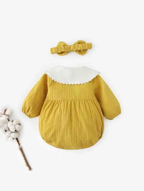 Peninsula Baby Button Front Peter Pan Collar Bodysuit With Headband SHE