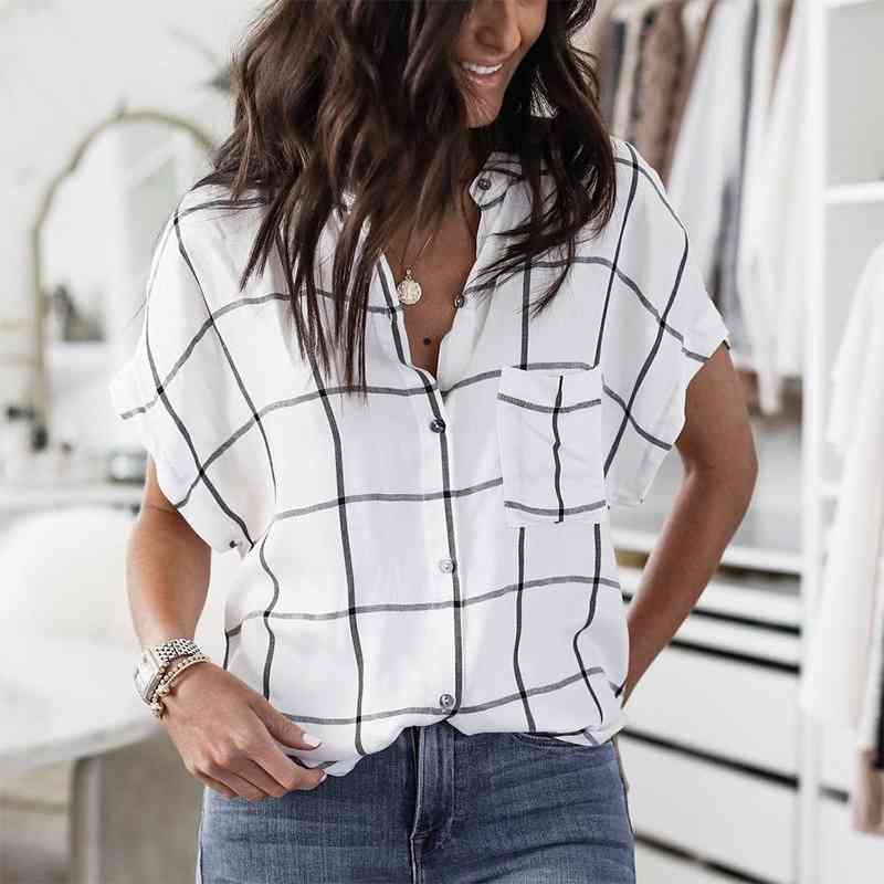 Women Plaid Blouse Shirts Top Causal Short Sleeve Stand Collar Shirt Sexy Pockets Mujer Blusas Womens Tops and Blouses 210603, White
Women Plaid Blouse Shirts Top Causal Short Sleeve Stand Collar Shirt Sexy Pockets Mujer Blusas Womens Tops and Blouses 210603, White