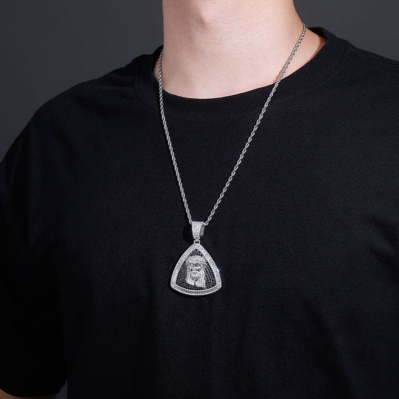 Personalized Triangle Bling Cubic Zirconia Jesus Pendant Necklace Chain HIP HOP Rock Collar Hip Hop Rapper Jewelry Christian Charm Gifts for Men and W