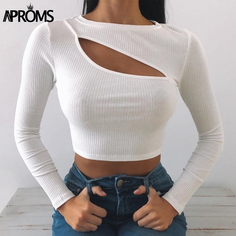 Aproms Elegant Autumn Ribbed Knitted Long Sleeve T-shirt Women Sexy Bodycon Crop Top Female Street Fashion Black Tshirt Tee 210310
