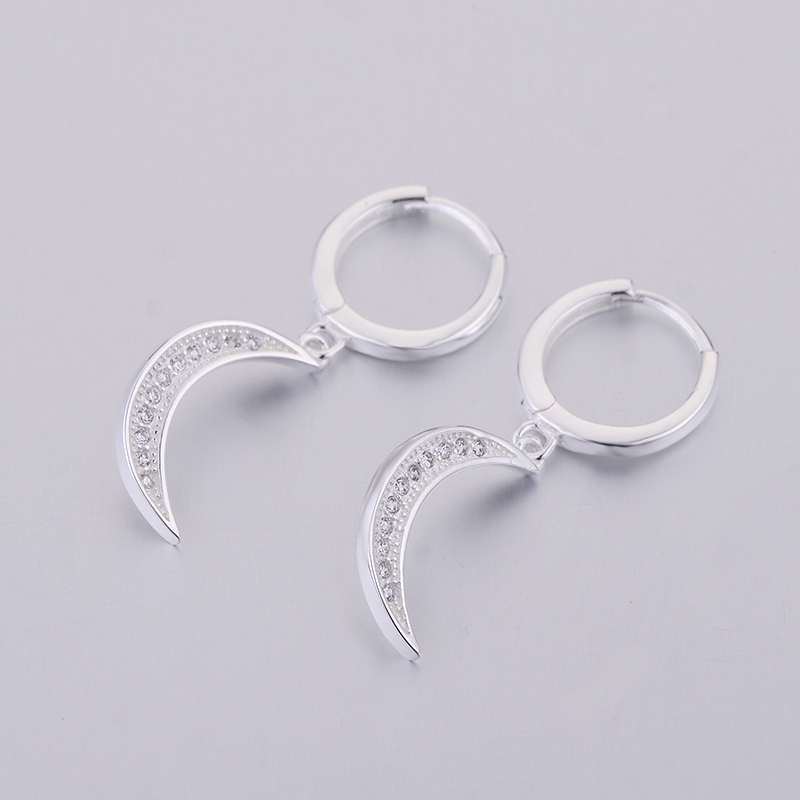 Authentic 100% 925 Sterling Silver Gold Color Moon Pendant Hoop Earring Women Fashion Luxury Zircon Round Loops Jewelry Piercing