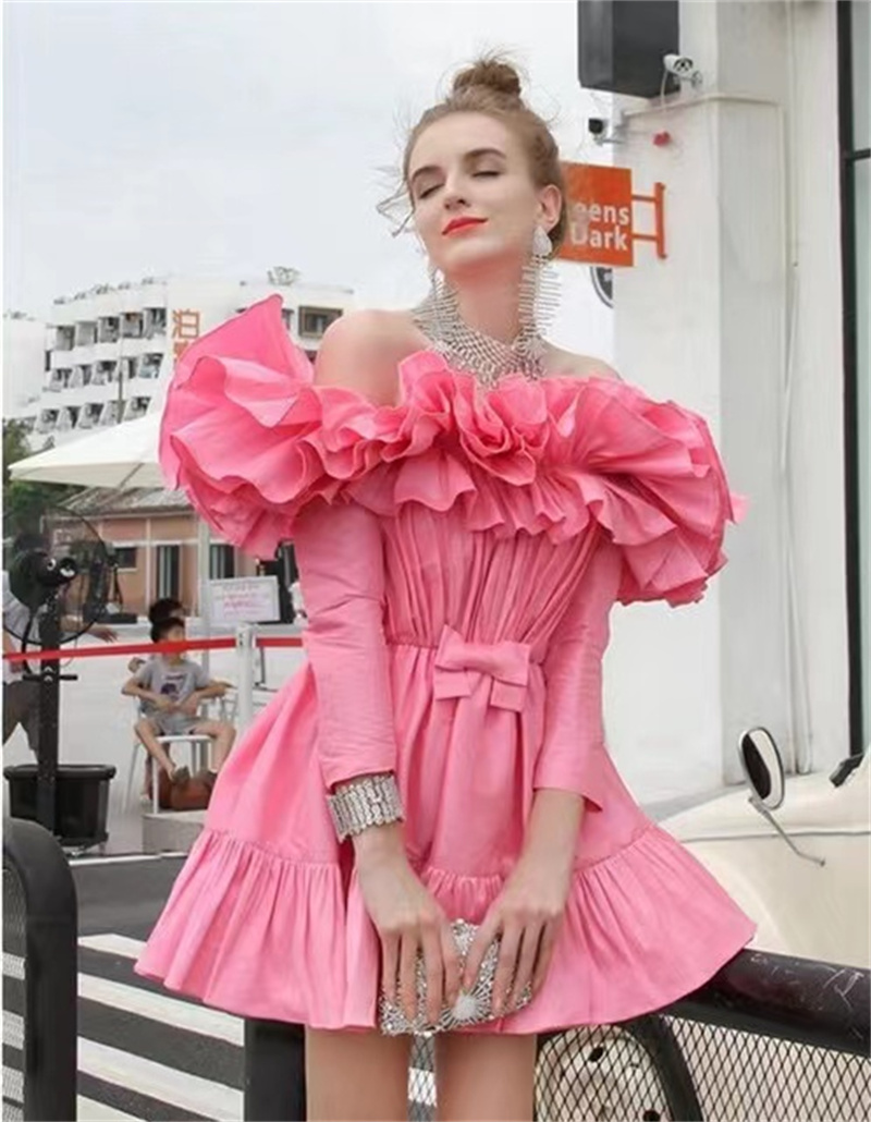 Princess Rose Red Cocktail Evening Dresses Off Shoulder Long Sleeves Mini Above Knee Length Ruffles Party Gowns Women Prom Dress Bow Graceful Robe De 