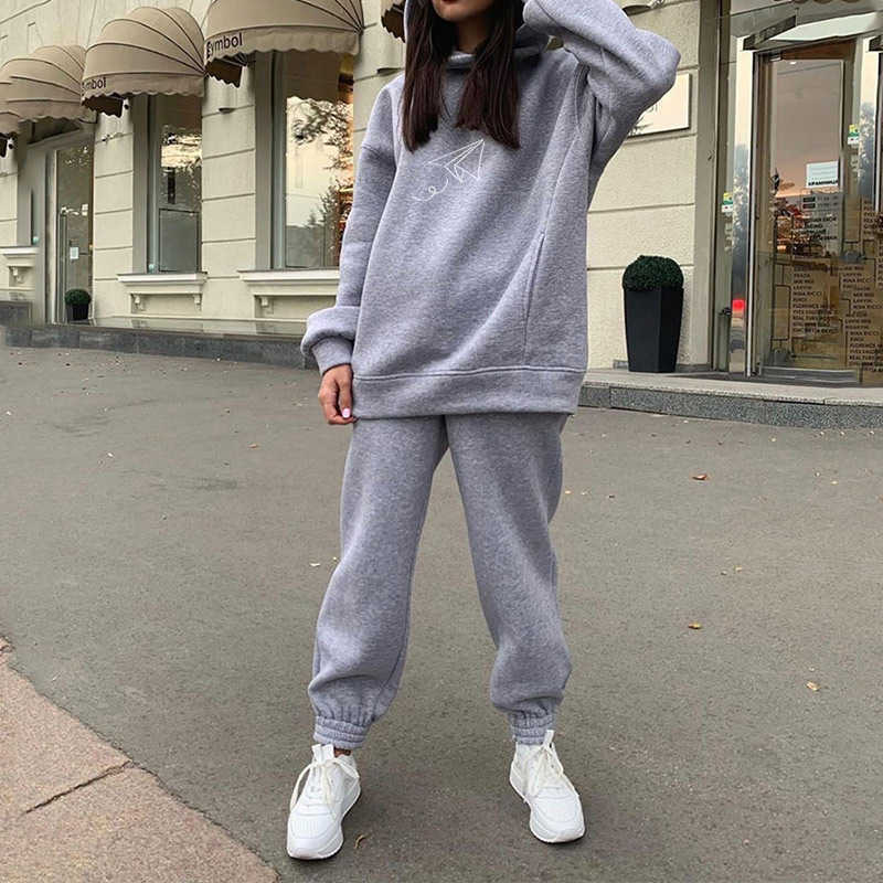 Print Oversized Fleece Two Piece Set Women's Hooded Long Sleeve Tracksuit Suit Spring Casual Sportwear Pants Lady Set 210709