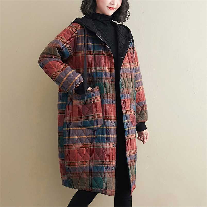 Johnature Women Vintage Winter Parkas Plaid Button Coats Hooded Pockets Warm Female Clothes Korean Style Parkas Coats 210930
