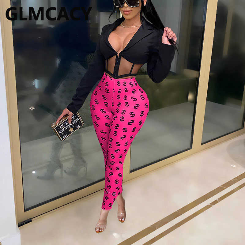 Women USD Symbol Printed Pants Casual Skinny Fitness Trousers 210702