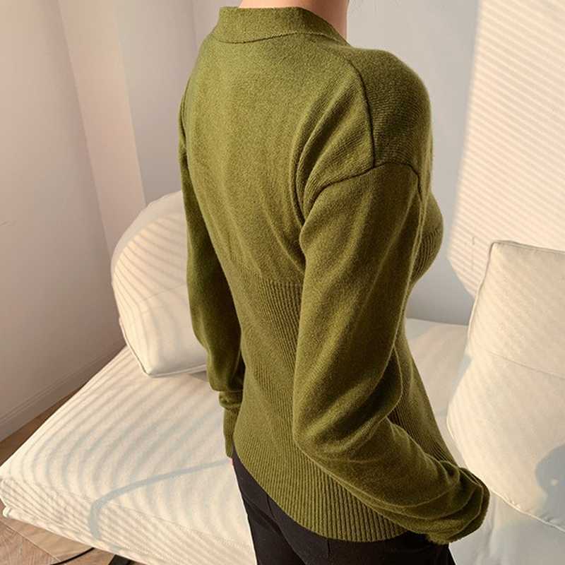 Spring V Neck Long Sleeve Tops Pull Femme Slim Waist Office Lady Solid Women Clothing Elegant Fashion Korean Woman Sweaters 210525