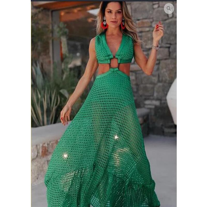 Women Cover-up Dresses Sexy Fishnet Low Neck Metal Twist Bandage Cut-out Waist 2021 Plus Size 3XL Back Zip Long Dress Beachwear