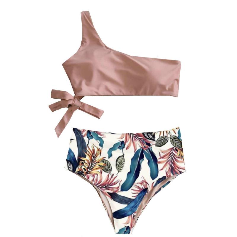 Women' Swimwear Bikini Split Swimsuit Single Shoulder Strap Printing Irregular Knot Fashion Two-piece Suit Bathing Suits, Pink flower 
Women' Swimwear Bikini Split Swimsuit Single Shoulder Strap Printing Irregular Knot Fashion Two-piece Suit Bathing Suits, Pink flower