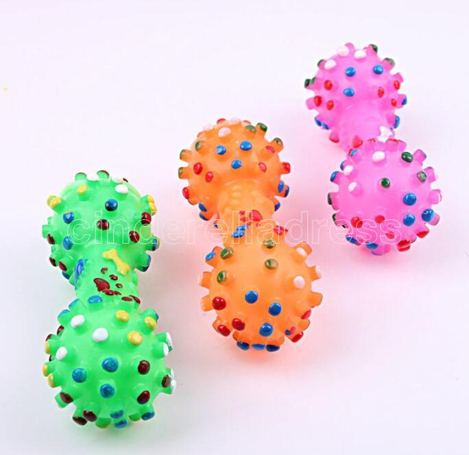 free shipping Colorful Dotted Dumbbell Shaped Dog Squeeze Squeaky Faux Bone Pet Chew Toys For Dogs DHL B0520A01