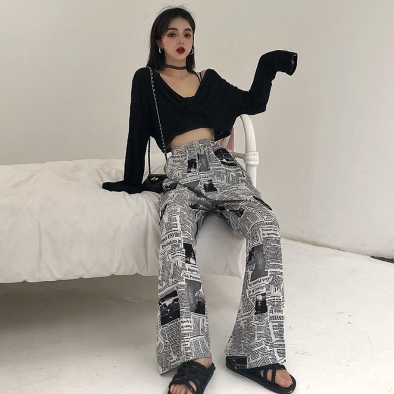 Woherb Vintage Newspaper Print High Waist Wide Leg Pants Women Korean Chic Streetwear Loose Long Trousers Pants Mujer 201012
