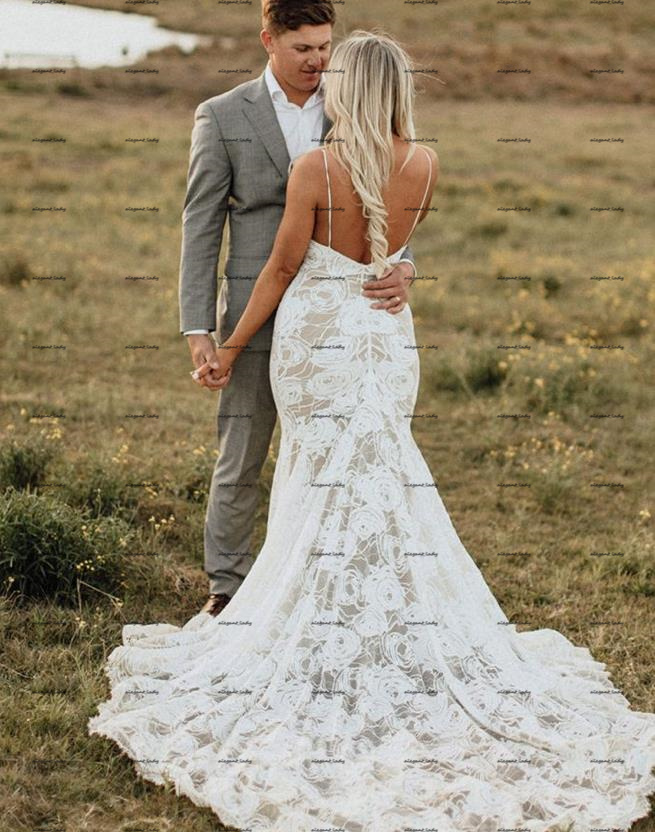 Sexy Boho Mermaid Wedding Dresses Chic Rose Flower Lace Spaghetti Straps Open Back Bohemia country Bridal Gowns robe de mariée