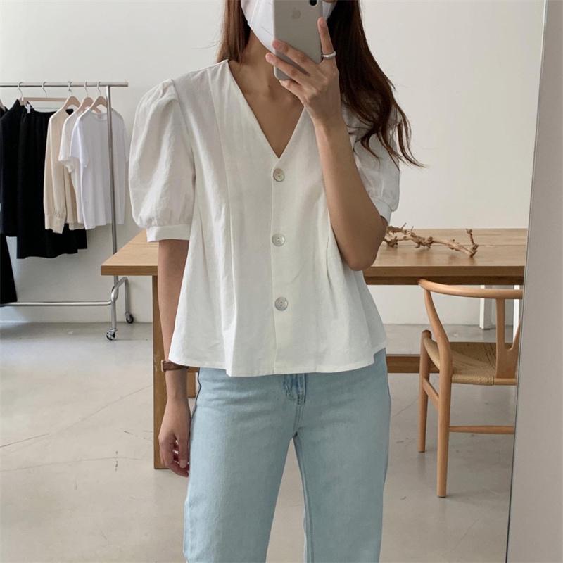 Women's Blouses & Shirts Korean Style Minimalist Shirt Solid V-Neck Short Puff Sleeves Single Breasted Women Tops Summer 2021, Khaki
Women's Blouses & Shirts Korean Style Minimalist Shirt Solid V-Neck Short Puff Sleeves Single Breasted Women Tops Summer 2021, Khaki