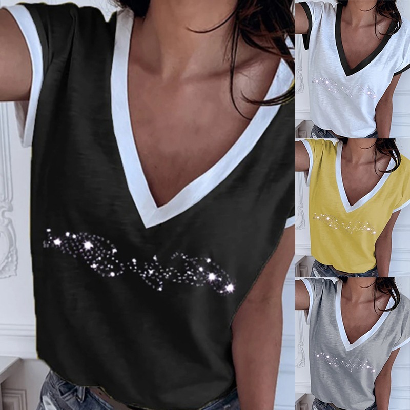 Women's Patchwork Cold Shoulder T-shirt 5XL Plus Size Tops V-Neck Half Sleeve Female Tee Shirt Summer Casual T Shirt For Women 210306
