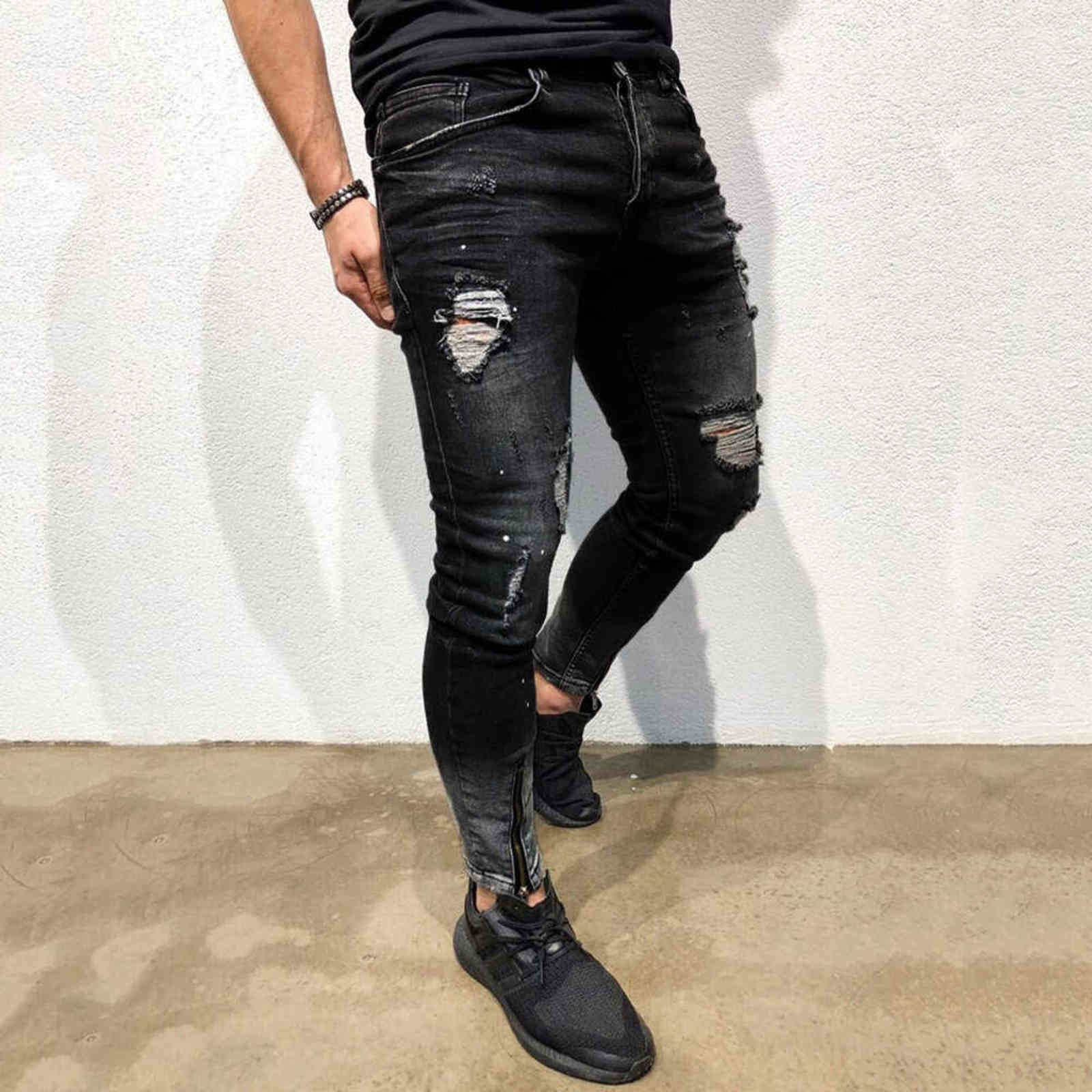 Trendy Men's Street Allmatch Jeans Mens Skinny Stretch Denim Pants Distressed Ripped Freyed Slim Fit Trousersg30 211111