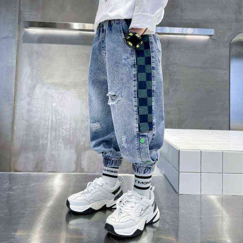 Boys Jeans 2022 New Fashion Spring Autumn Teens Loose Elastic Casual Blue Children Ripped Trousers Cowboy Pants 4 6 8 10 12 14 Y W220225