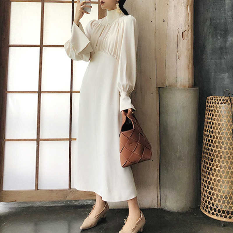 White Elegant Dres autumn Turtlneck Vintage Retro Dress Female Casual Korean Dress Fall Women Clothing 210630