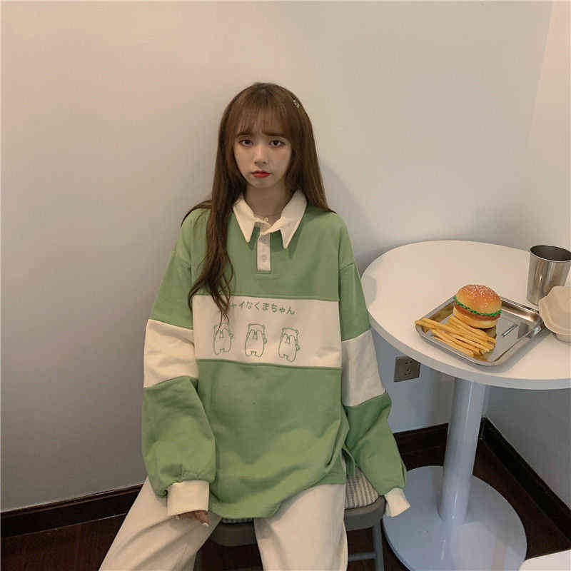 Vintage POLO Collar Letters Print Oversized Sweatshirt Women Girls Harajuku Autumn Korean Kawaii Clothes Pullovers 211108