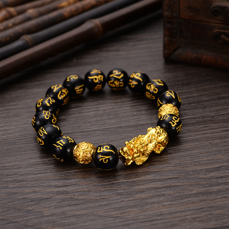 Bangle Feng Shui Obsidian Stone Beads Braceletes Men Women Unisex Wristband Gold Black Pixiu Wealth and Good Luck Women Bracelet 1