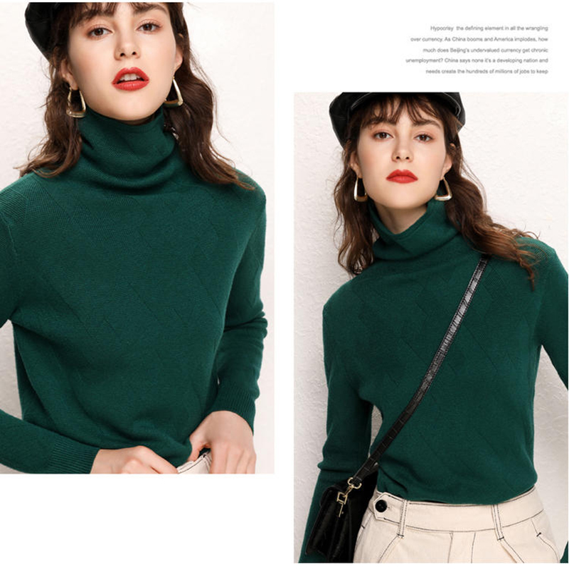 GCAROL New Women Turtleneck Slim Sweater Diamond Lattice Thick Stretch Oversize Jumper High Street OL Basic Knitted Pullover 210218