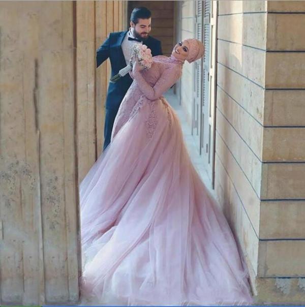 Blush Pink Muslim Dresses Mermaid With Overskirt Tulle Lace Applique High Neck Custom Made Wedding Gown Vestido De Novia